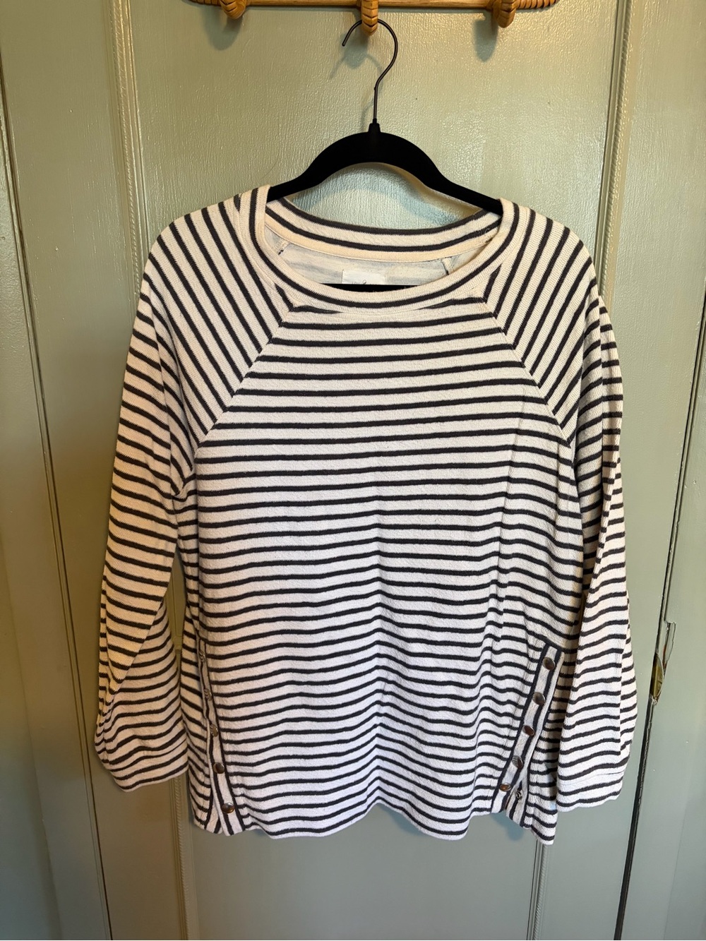 Lou & Grey Black and White Striped Raglan Button-Side Sweatshirt